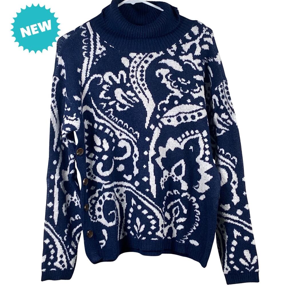 St Johns Bay Sweater Womens Size Large Turtleneck Pullover Paisley Buttons NEW